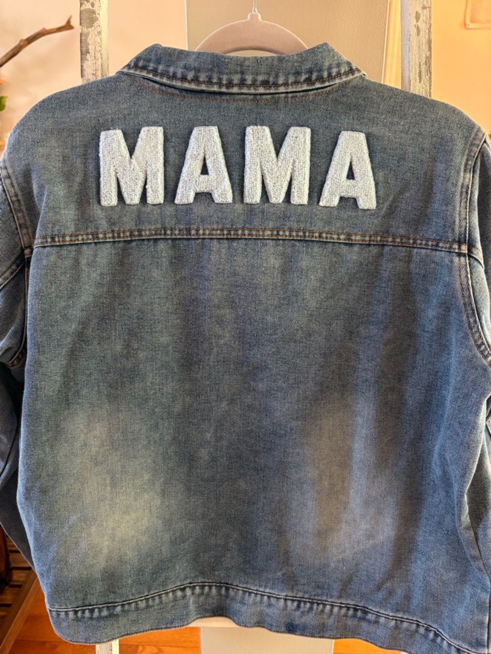 PatPat Blue Denim Jacket with Light Blue Chenille "MAMA" Detail